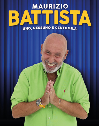 Ritratto di Maurizio Battista, protagonista dello spettacolo "Uno, nessuno e centomila", con camicia verde, in posa frontale su sfondo blu.